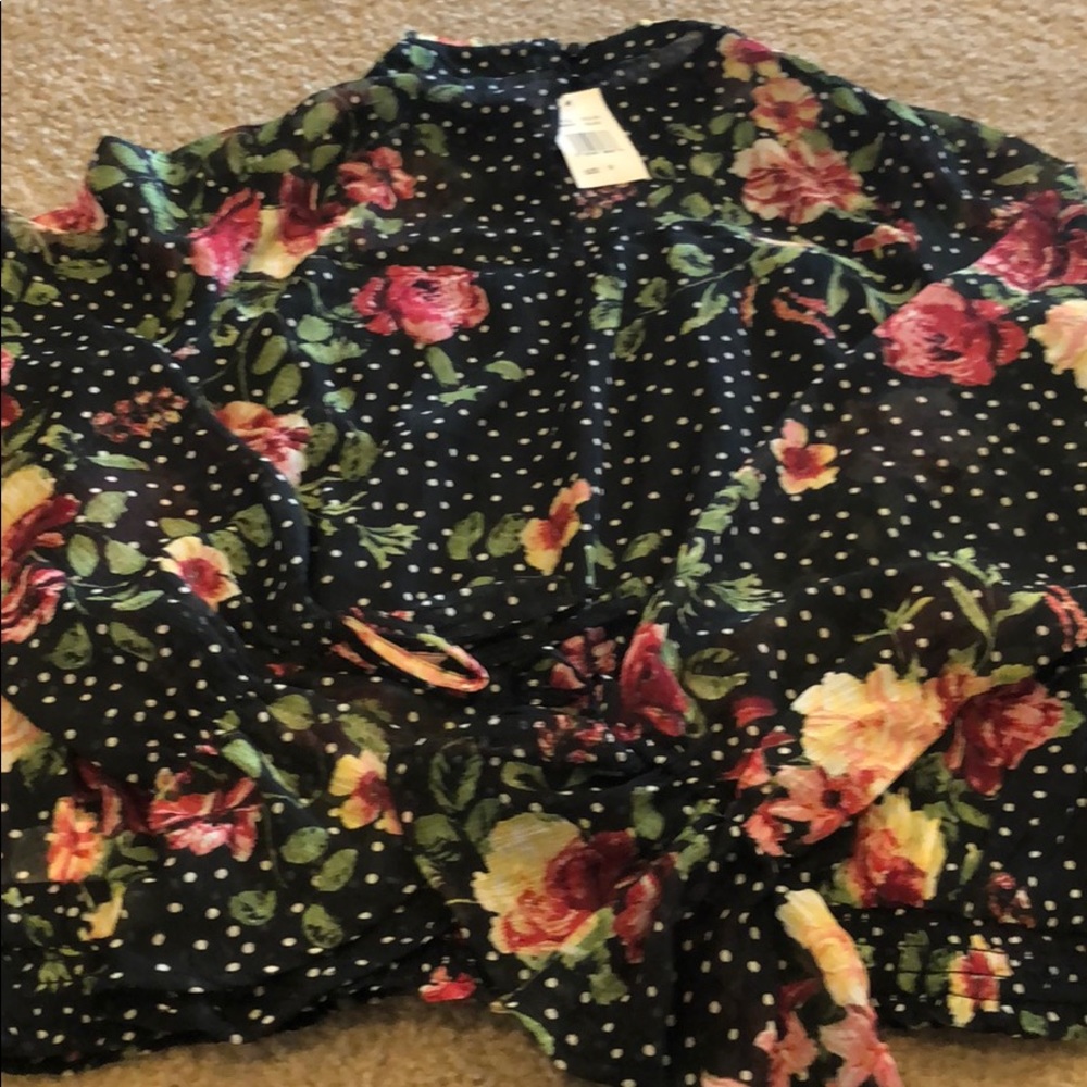 Black Polka Dot Floral Long Sleeve Blouse (M)